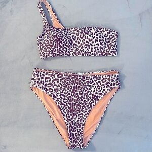J Crew leopard print one shoulder bikini and high rise bottoms